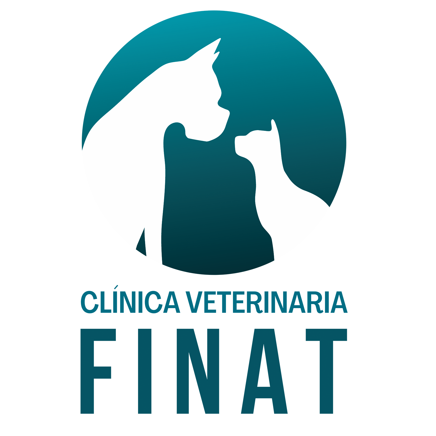 Logo for Clínica Veterinaria FINAT featuring white silhouettes of a dog and a cat facing each other inside a teal circle, with the clinic name in bold teal text below.
